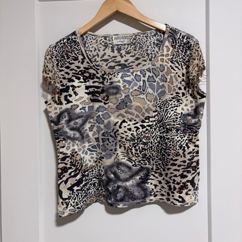 90s Vintage Avanti Animal Print Tee | Beaded • Distressed • Indie Sleaze | M